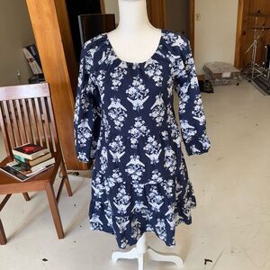 J.Crew tiered Floral Navy Dress elastic neckline sleeve XXS 16in pit Easter